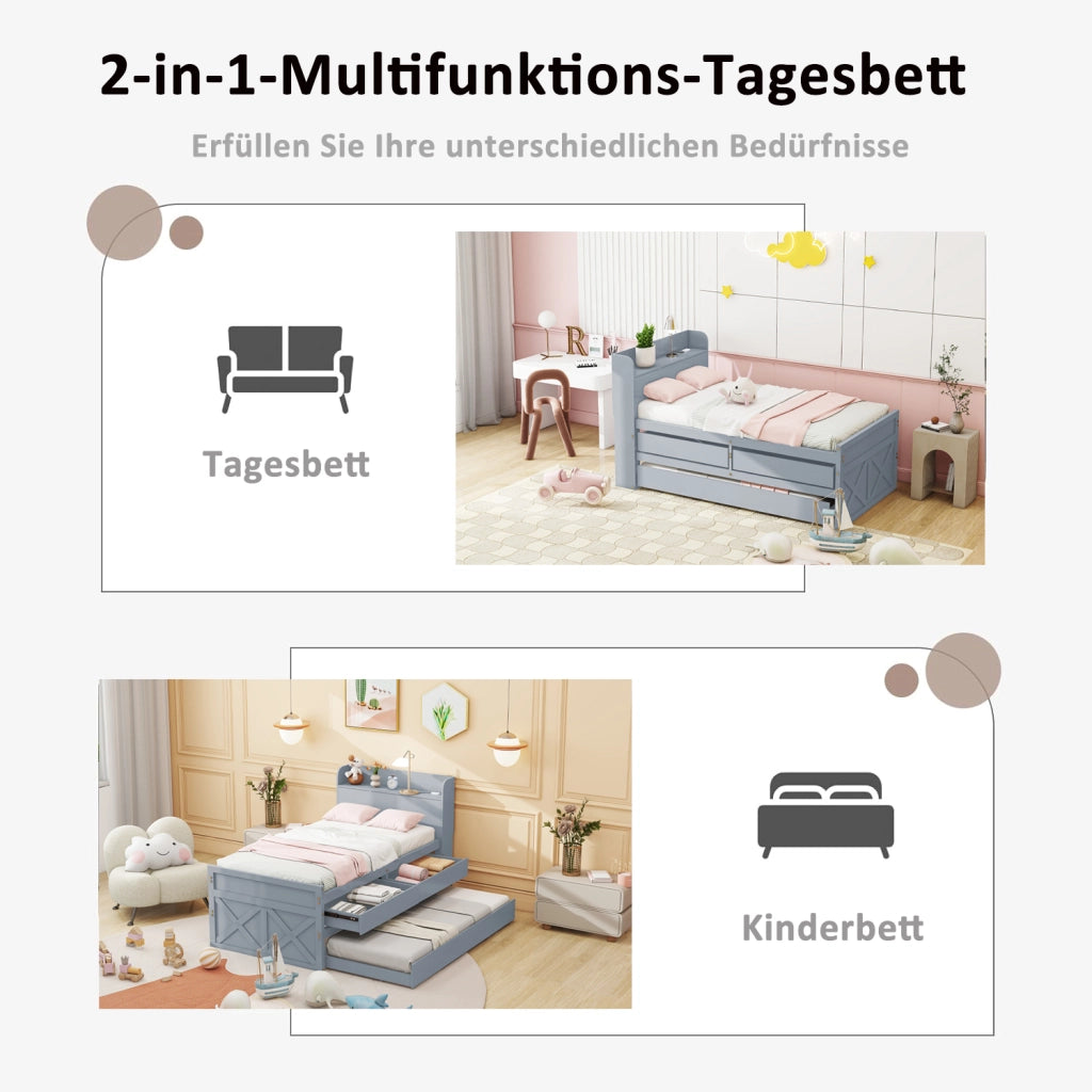 DESMIU Letto Estraibile 90 × 190 cm 1 Posto con 2 Cassetti, Vano Contenitore e USB, Senza Materasso, Legno Massello, Grigio