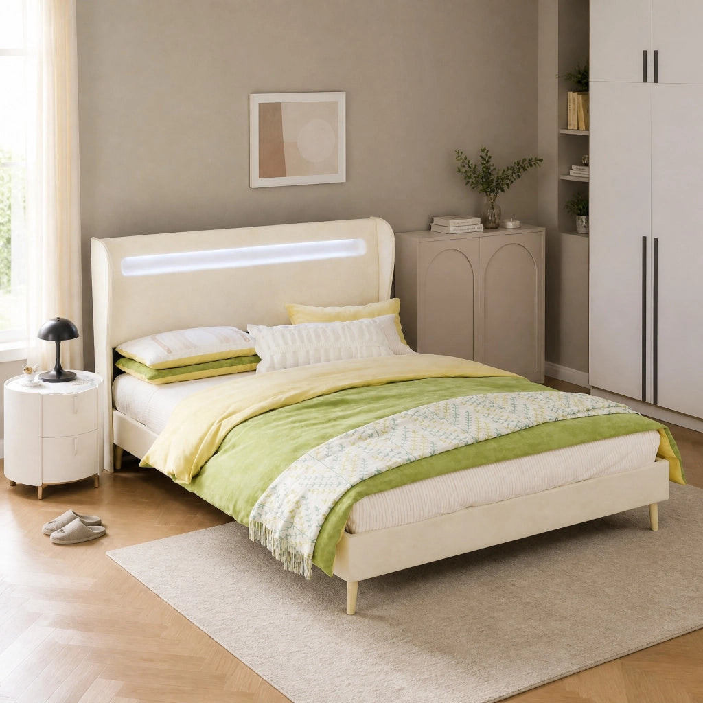 Letto imbottito con LED regolabile 140 x 200 cm in tessuto e metallo beige