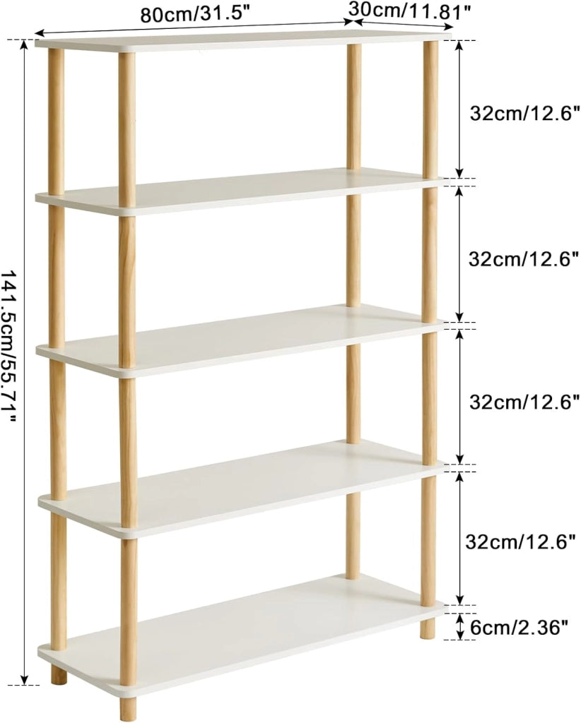 5-Tier libreria aperta in legno - moderno freestanding libreria organizzatore di stoccaggio, scaffali in piedi, espositore multifunzionale per camera da letto, soggiorno, bianco WBC005W