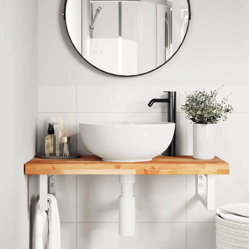 Ripiano a Parete per Lavabo-Mensole a Muro in Acciaio e Massello di Acacia 313933