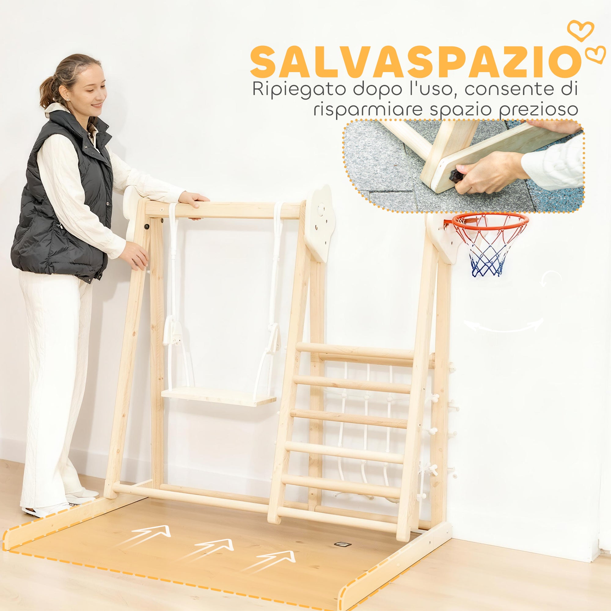 Gioco Arrampicata 5 in 1 Pieghevole 140x172,5x116,5 cm con Scivolo 2 Pareti Altalena e Canestro in Legno