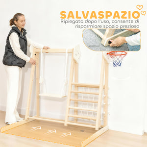 Gioco Arrampicata 5 in 1 Pieghevole 140x172,5x116,5 cm con Scivolo 2 Pareti Altalena e Canestro in Legno