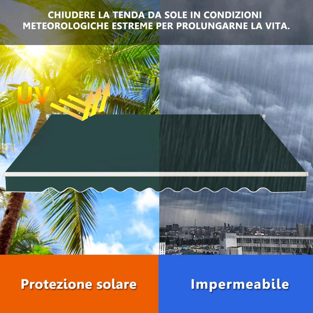 Tenda da Sole per Esterno Avvolgibile 3,6 x 3 M, Tenda da Sole a Bracci Estensibili con Telaio in Alluminio, Tettuccio Resistente al Sole e Impermeabile e Manovella (3,6 x 3 M, Verde)