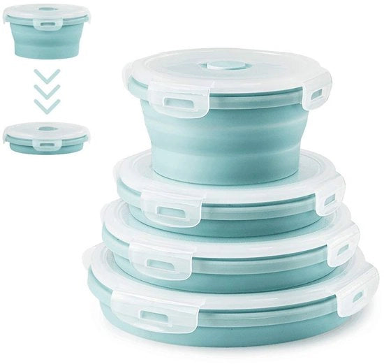 4 contenitori siliconici rotondi pieghevoli, contenitori di conservazione alimentare pieghevoli, box da pranzo in silicone, box da pranzo in silicone pieghevole, contenitori di conservazione in silicone pieghevoli, facilmente trasportabili (rosso blu O2)