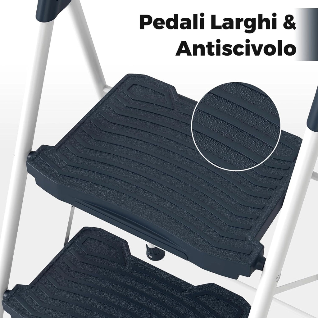 Scala a 3 Gradini, Scaletta Pieghevole in Acciaio con Corrimano Imbottito, Pedale Antiscivolo e Blocco di Sicurezza, per Cucina, Giardino e Ufficio, Portata 360 kg (Blu + Bianco)