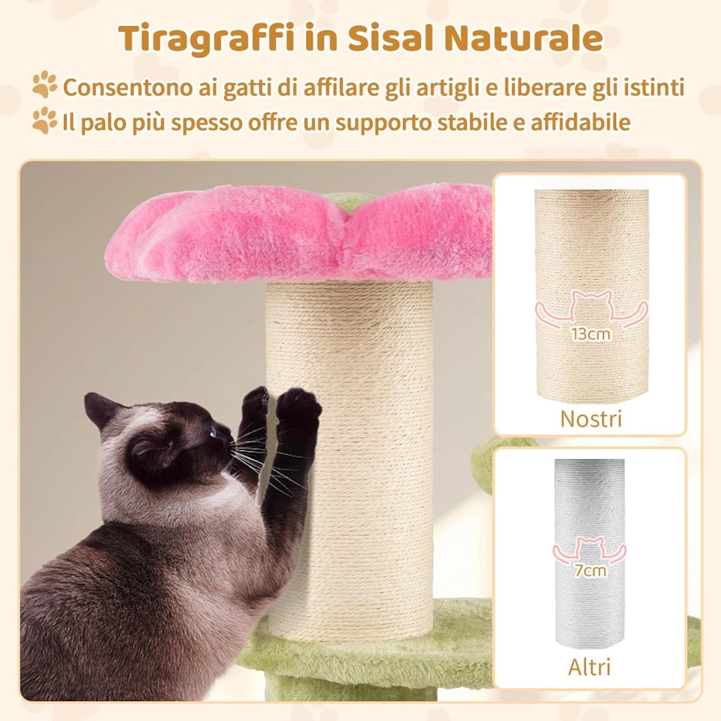 Albero per Gatti da Interno Alto 69 cm, Tiragraffi per Gatti a Forma di Fiore con Piedistallo Imbottito in Pile, Tiragraffi in Sisal e Pallina Appesa, Mobili per Gattini a Più Livelli (Rosa)