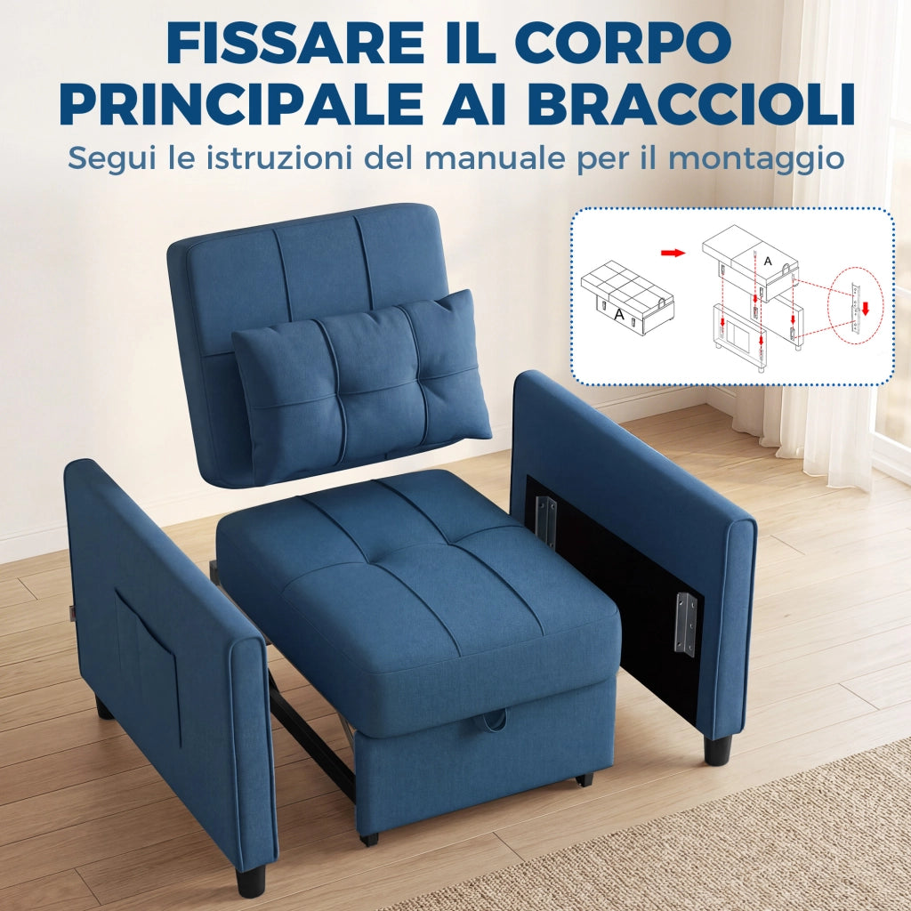 Poltrona Letto Pieghevole 69x82x85 cm con Schienale Regolabile e Cuscino in Tessuto Effetto Lino Blu