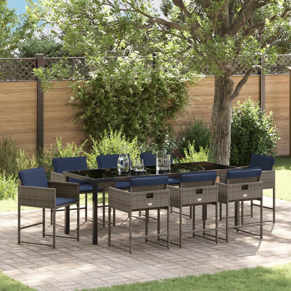 Set da Pranzo da Giardino 9 Pezzi con Cuscini Grigio Rattan PE