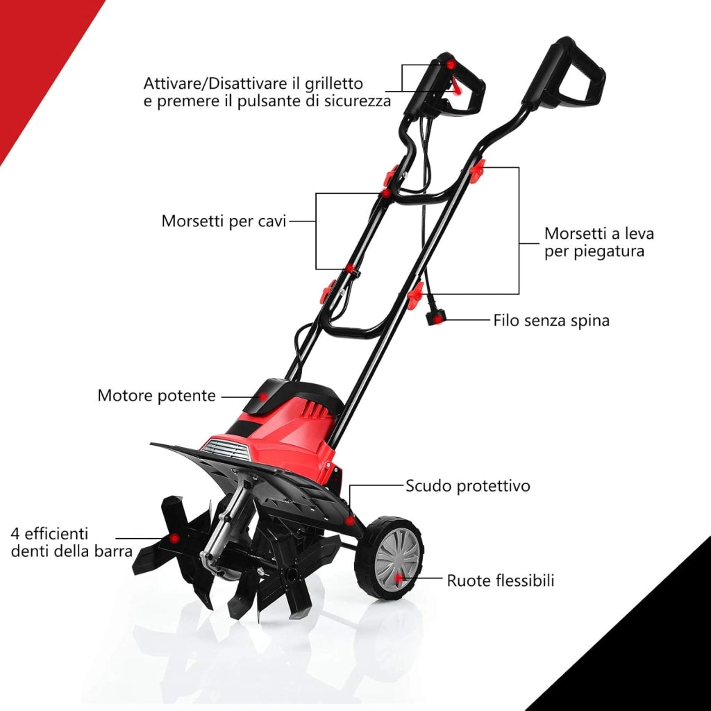 Motozappa Elettrica 1200W/1500W, Zappatrice Elettrica con Maniglia Pieghevole, Ruote Regolabili, 4/6 Lame, Velocità 365/400 PRM, Profondità 22 cm, Larghezza 35/43 cm (Rosso, 1200 W)
