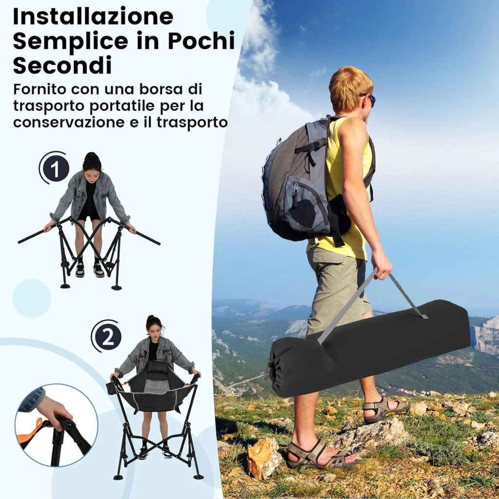 Sedia da Campeggio Amaca, Sedia a Dondolo Pieghevole con Portabicchieri, Schienale Regolabile, Poggiatesta, Sedile a Dondolo per Giardino, Patio, Prato, Portata 150 kg (Nero)