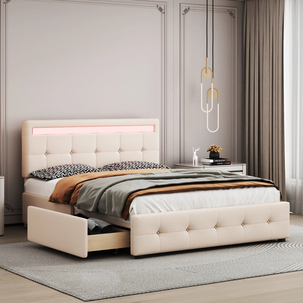 Letto Imbottito con LED, Contenitore e Testiera ¨C MINIMAL ¨C 140x200, Beige, 4 Cassetti