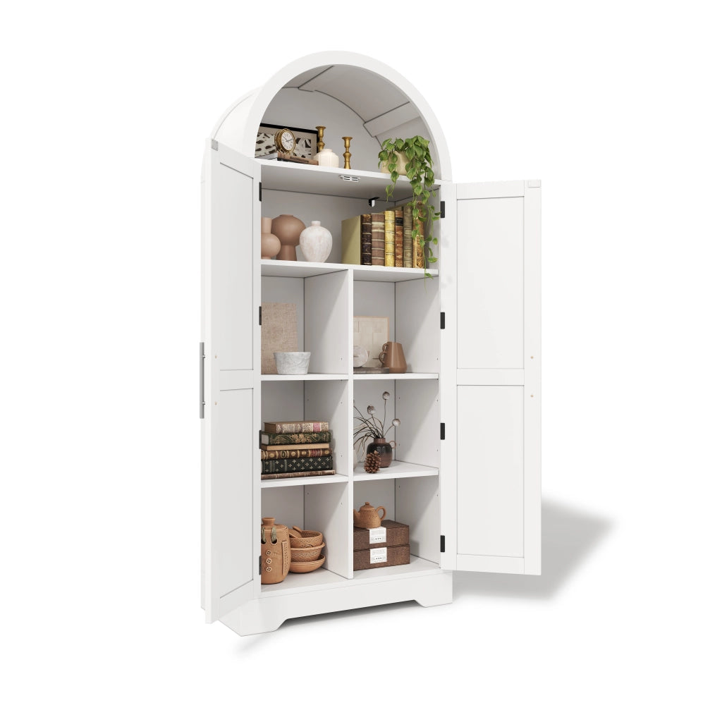 Credenza alta ad arco in MDF bianco, 75 x 35 x 170 cm, con ripiani regolabili e struttura salvaspazio