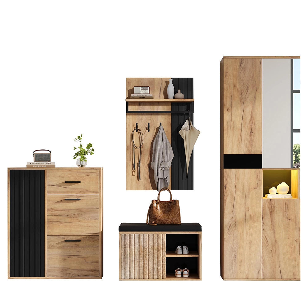 Set vestiario a muro 4 pezzi - Xylo - armadio, scarpiere, panchina, appendiabiti, 215x36x190 cm, naturale e nero