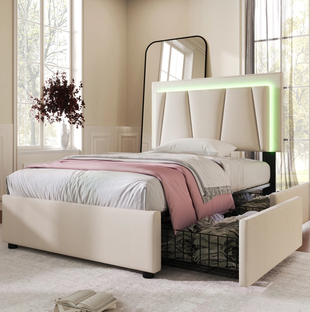 Letto singolo imbottito 90x200 cm con LED e 2 cassetti