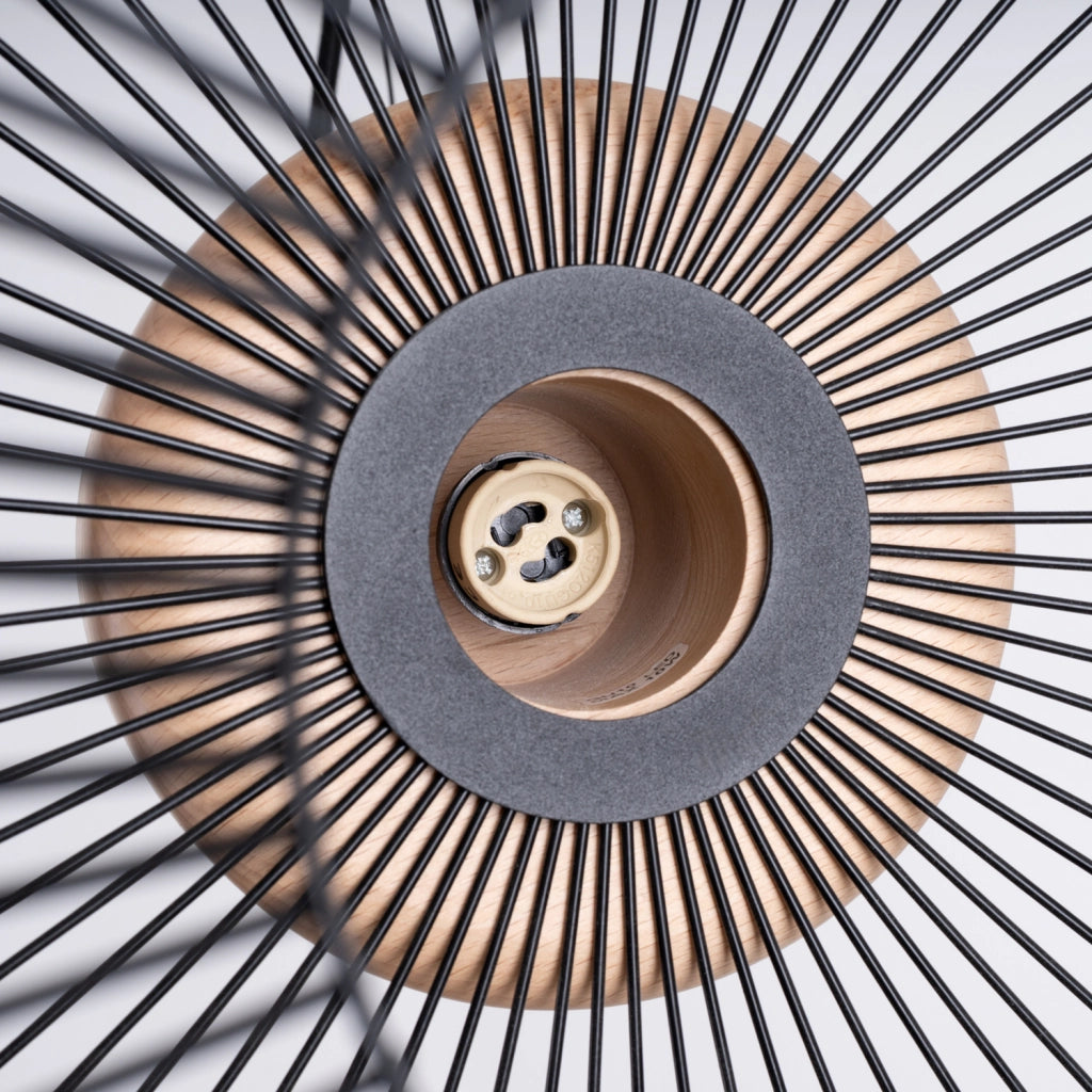 Lampada a sospensione industriale in acciaio e legno GABBIA Attacco E27 35/55 cm regolabile