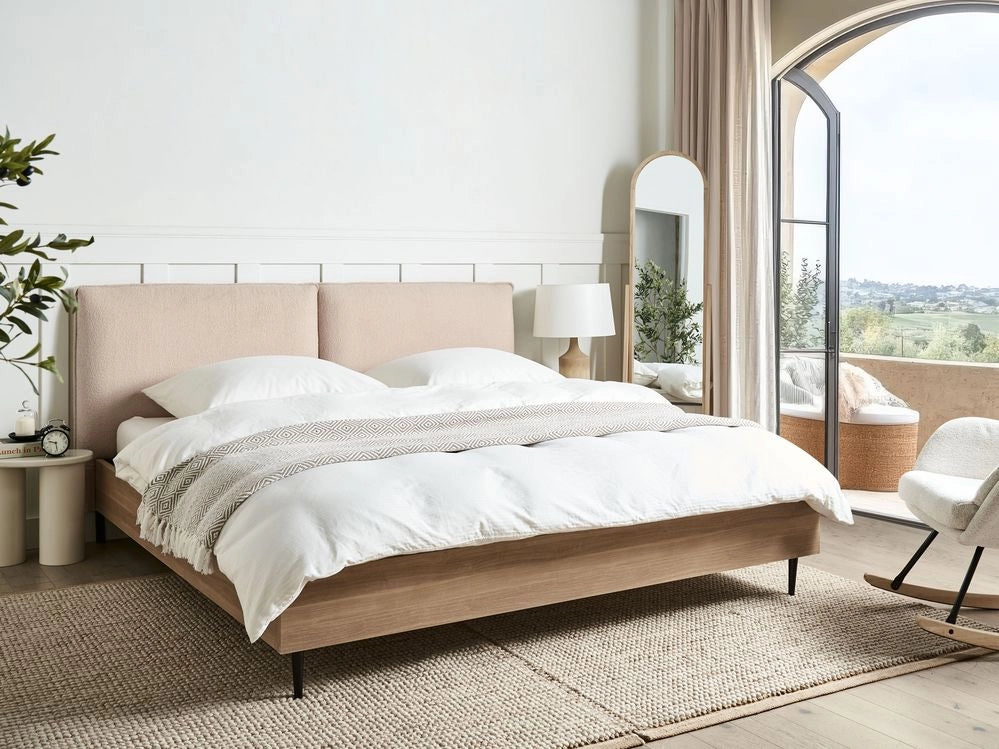 Letto matrimoniale con rete in tessuto bouclè beige 180 x 200 cm stile moderno camera da letto