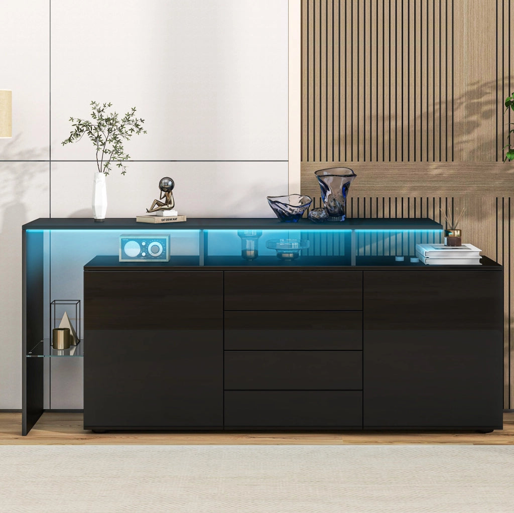 Sideboard 160x35x70 cm con LED e USB; 2 porte; 4 cassetti; nero