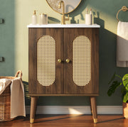 Mobile bagno sottolavabo 61 cm freestanding con lavabo in ceramica; ante in rattan; noce