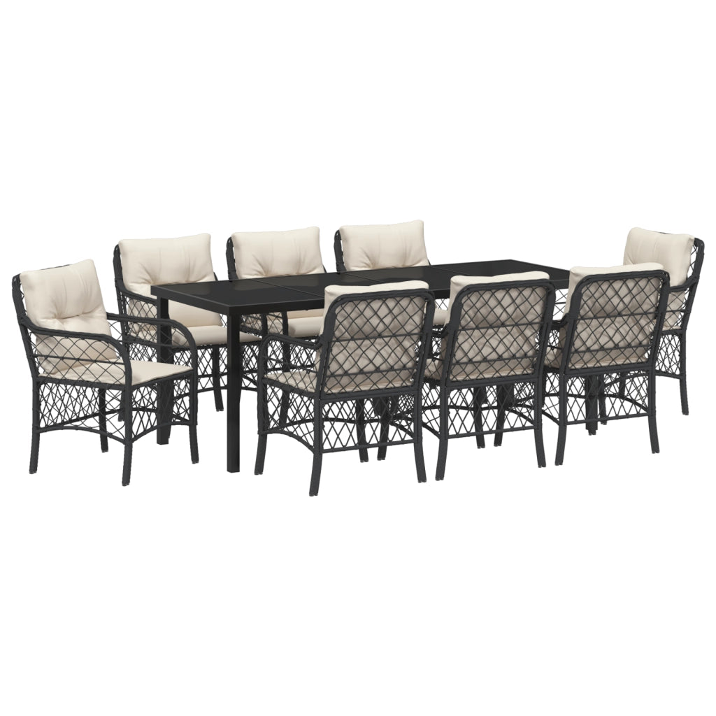 Set da pranzo da giardino da 9 pezzi con cuscini Nero Polyrattan