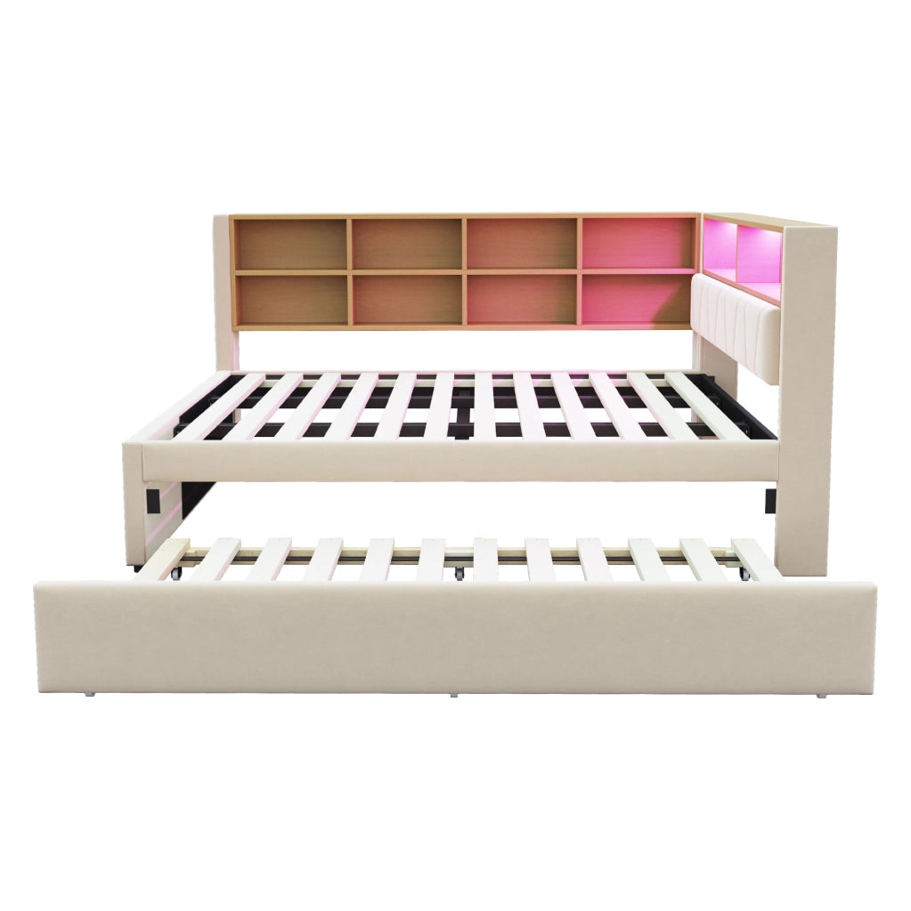 Divano letto 140x200 cm con letto estraibile 90x190 cm; LED e porte di ricarica in flanella