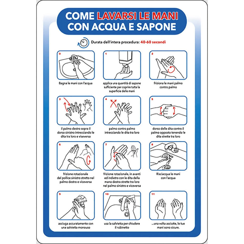 CARTELLO 'COME LAVARSI LE MANI CON ACQUA E SAPONE' cm 20 x 30 - alluminio  - BricoGo