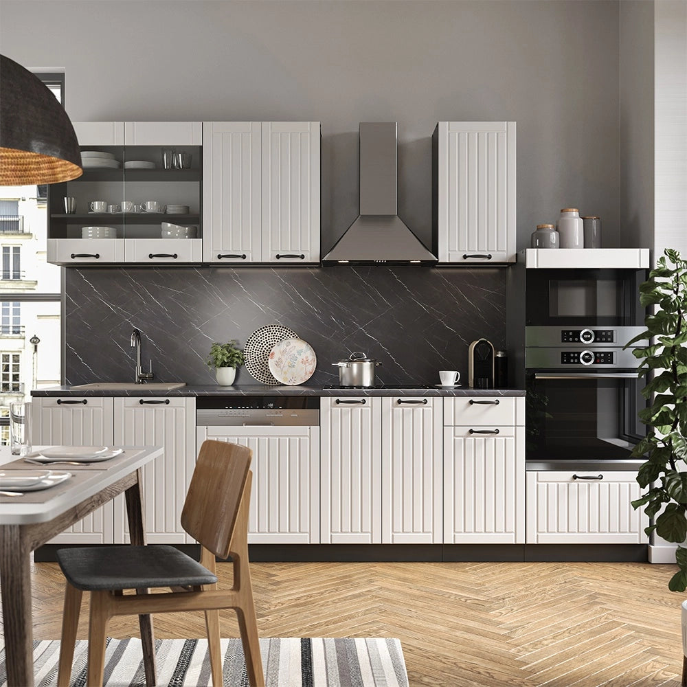 Cucina componibile Fame-Line Bianco rustico/Antracite 300 cm con armadio alto, PL Antracite Vicco