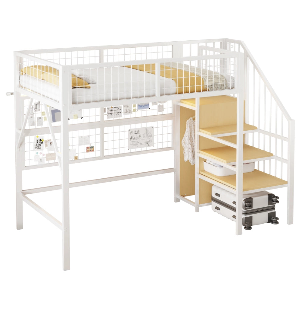 Letto a soppalco 90x200 cm in metallo con LED APP; scala con vano contenitore; bianco