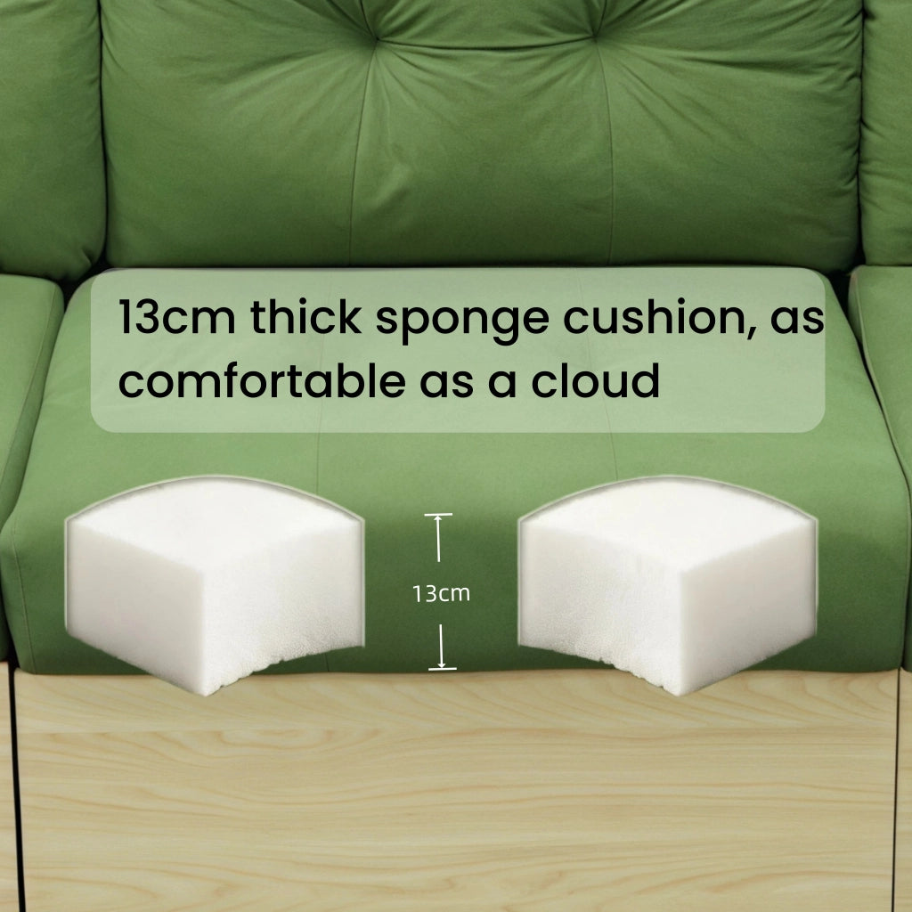 Divano angolare modulare con chaise longue estraibile, USB e spazio contenitore in velluto verde per soggiorno