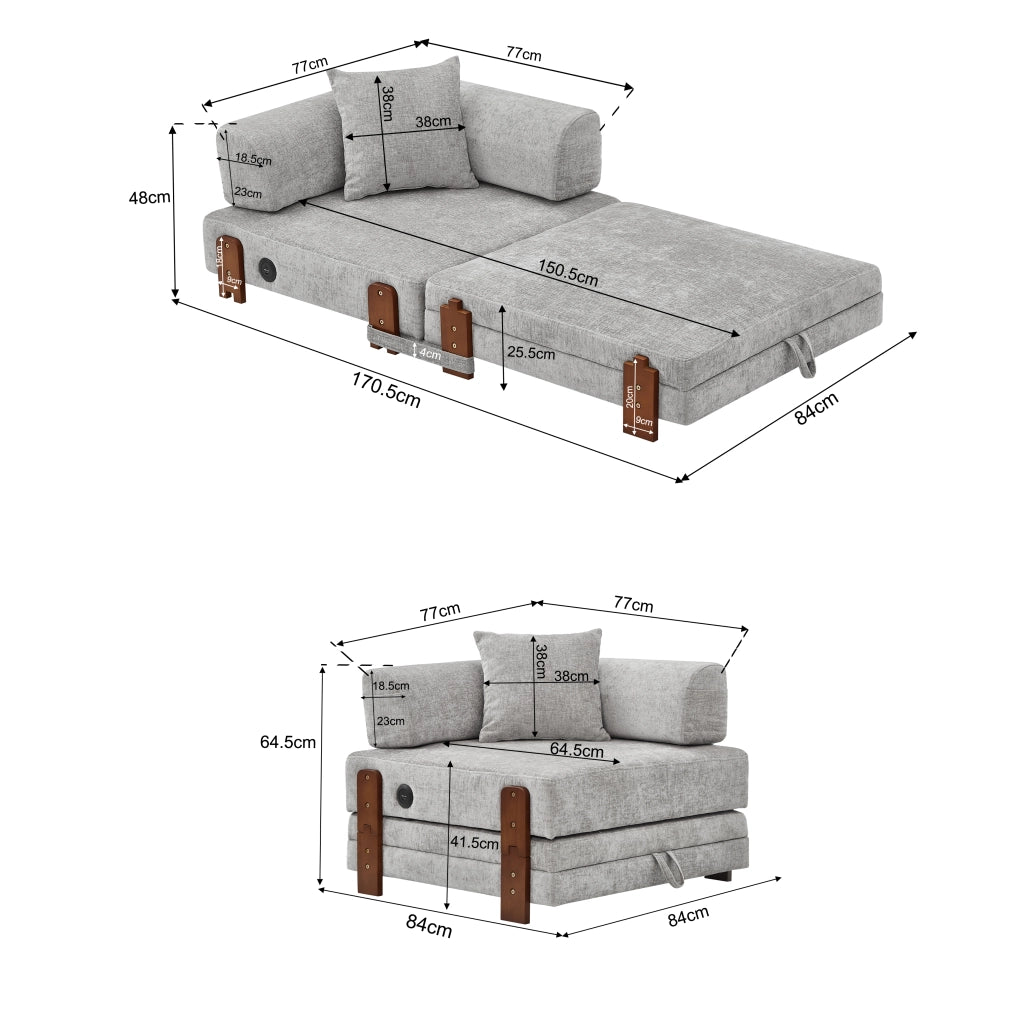 Divano convertibile con funzione letto, porte USB e Type-C, tasche laterali, in tessuto, grigio chiaro