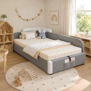 Letto imbottito per bambini con contenitore idraulico; sponda morbida; 90x200 cm; velluto bianco e grigio
