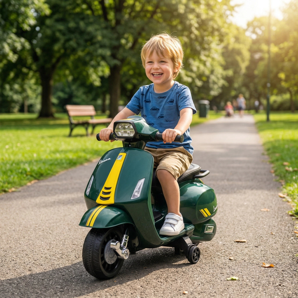 Moto Elettrica per Bambini con Licenza Ufficiale Piaggio Vespa 6V con Rotelle e Luci Verde Scuro