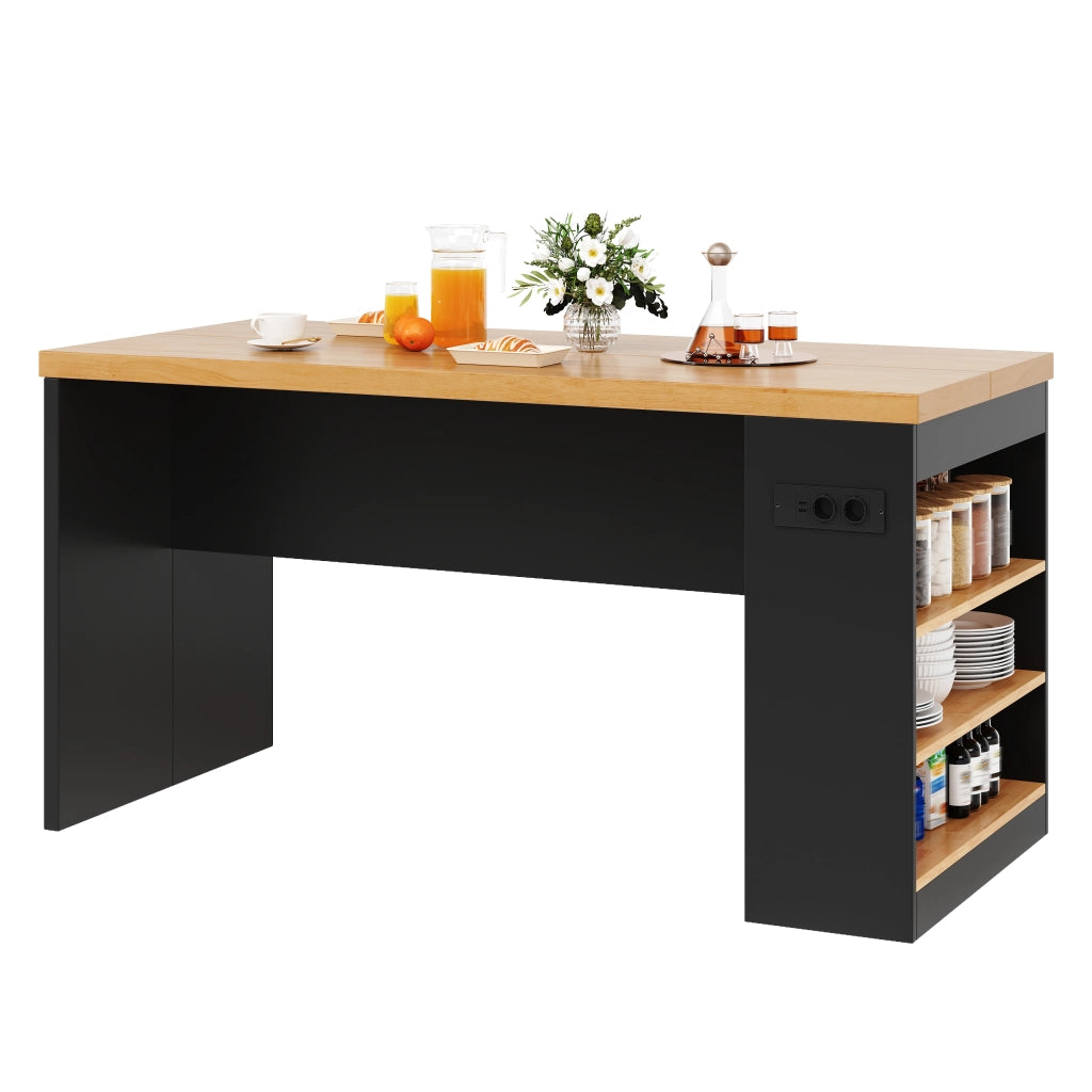 Isola cucina 155x80x90 cm con illuminazione LED, prese AC e USB, piano 40 mm, 3 ripiani aperti, colore Black+Natural