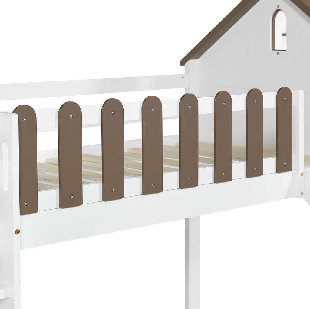 Letto a soppalco 90x200 cm con scivolo e scala dritta in legno e MDF bianco noce