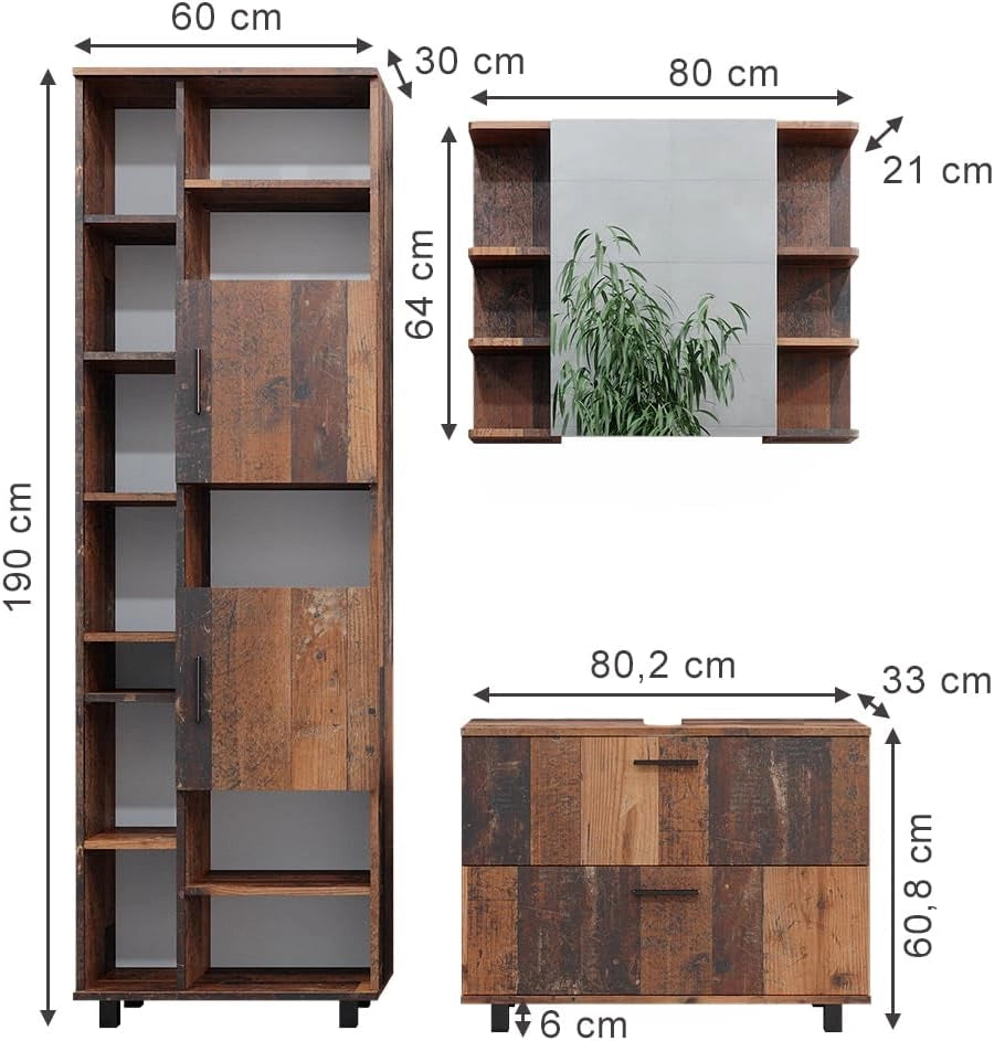 Set di mobili da bagno Ilias, Rovere rustico, 80.2 cm, composto da mobile sottolavabo, specchiera e colonna alta
