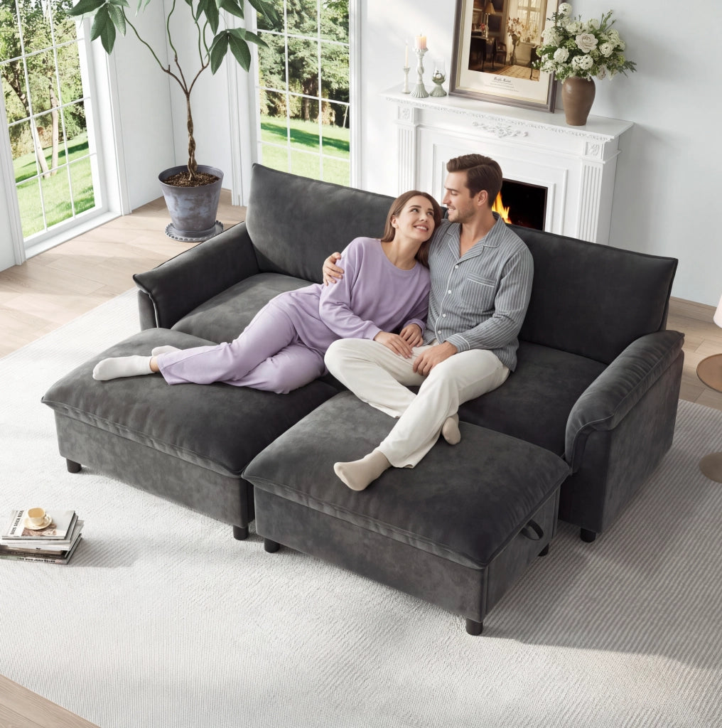Divano modulare con pouf mobili e vano contenitore, ciniglia grigia