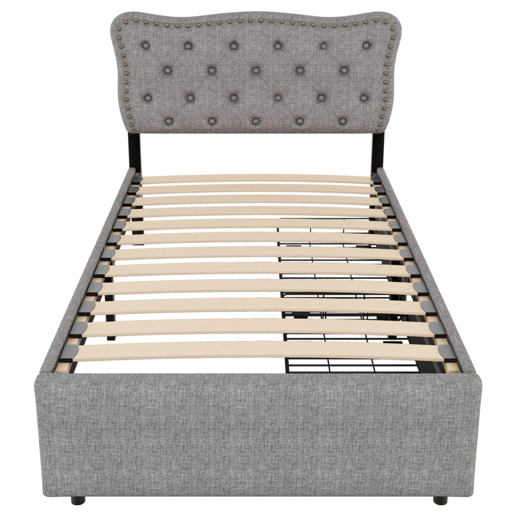 Letto imbottito 90x200 cm; cassetti; testiera regolabile; MDF e lino; grigio