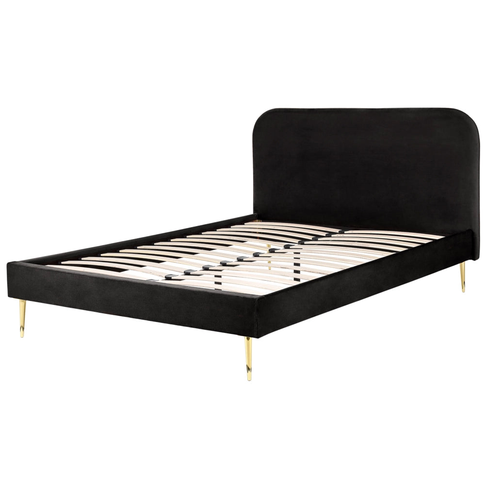 Letto nero velluto tappezzeria doppia dimensione gambe dorate testiera con rete a doghe 140 x 200 cm design minimalista