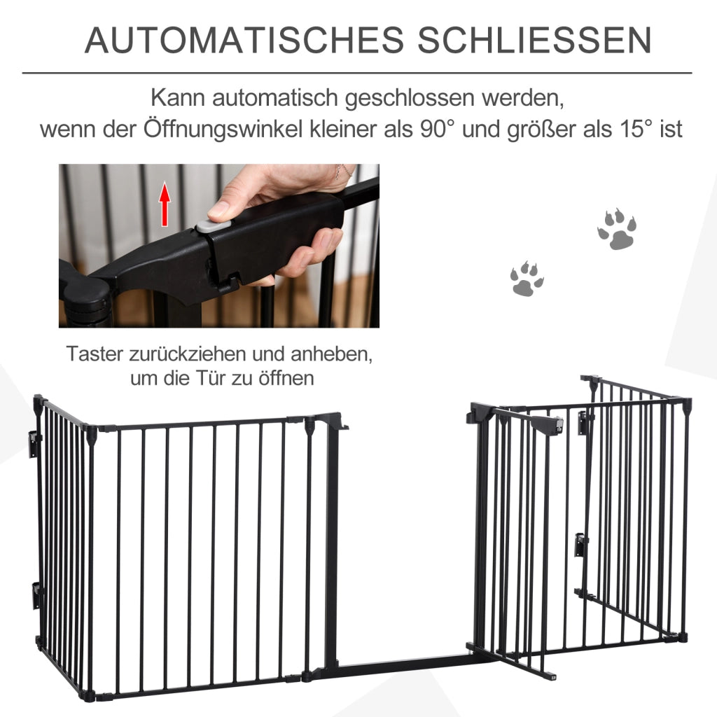 Barriera estensibile a forbice con porta a chiusura automatica e fissaggio a parete per scale e camini in metallo nero