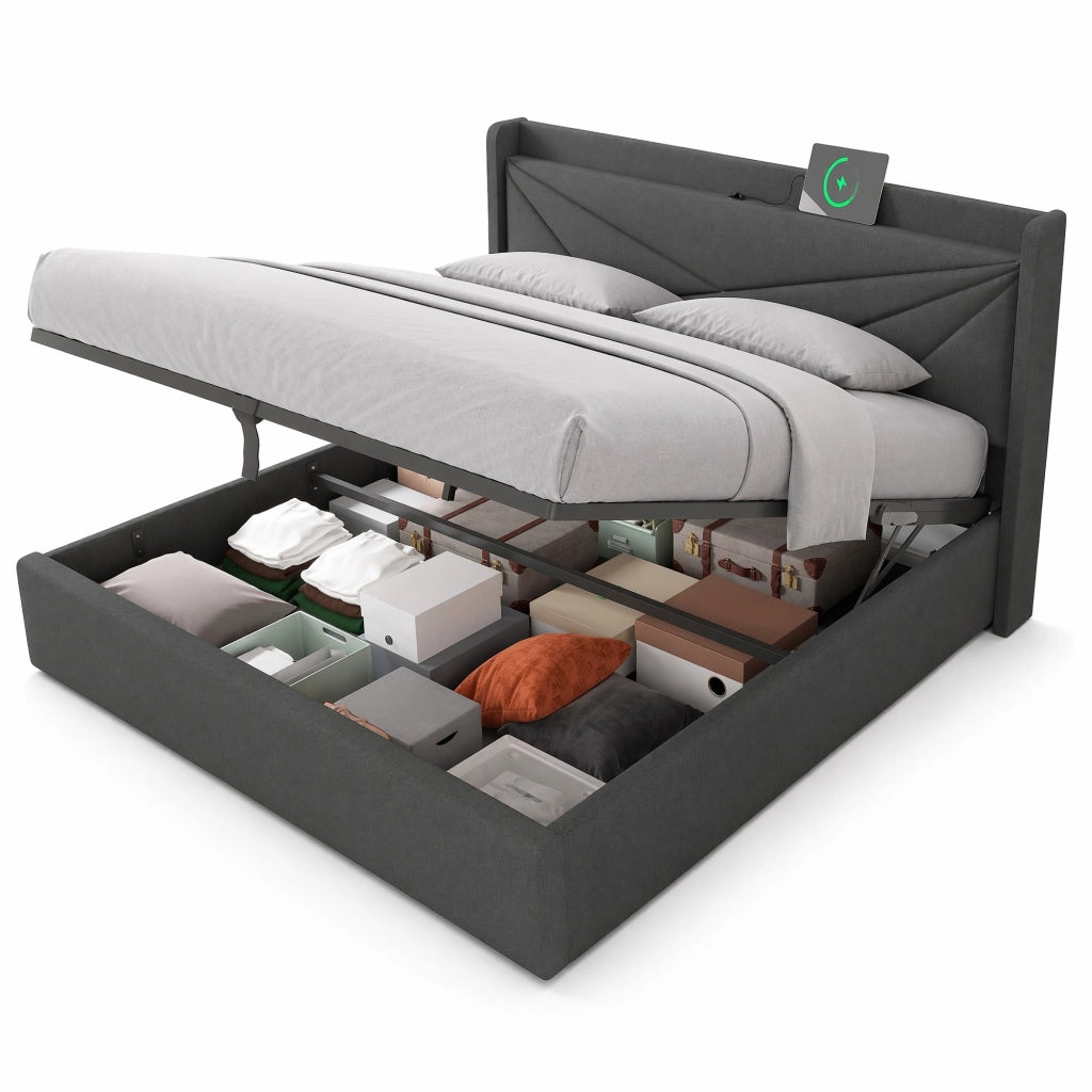 Letto matrimoniale contenitore 160x200 con testiera geometrica, USB e Type-C, senza materasso
