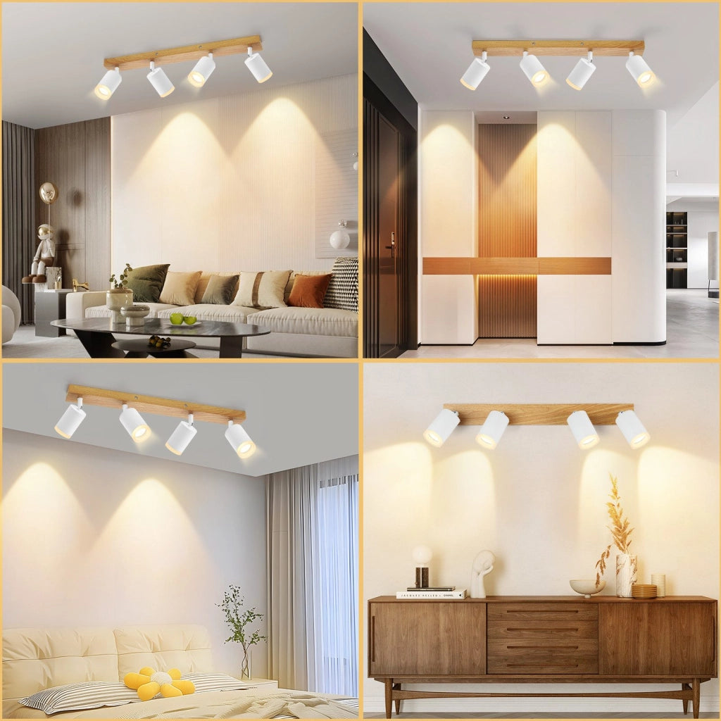ZMH Faretto da soffitto 4 luci GU10 legno acrilico orientabili 350° per soggiorno