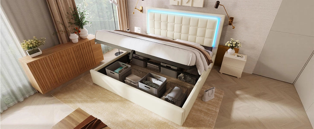 Letto contenitore matrimoniale 160 × 200 cm con LED, vano idraulico, con materasso, bianco