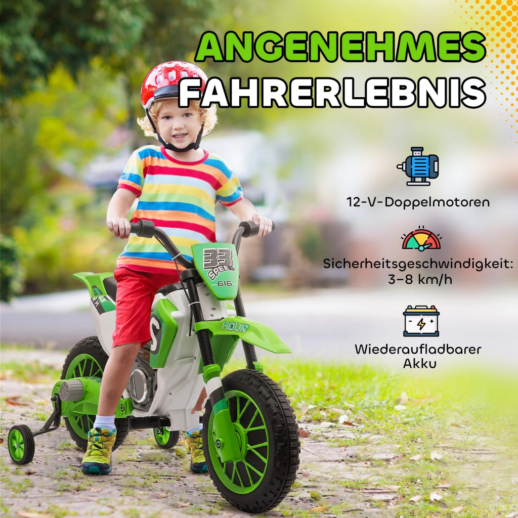 Moto Elettrica per Bambini con Ruotine di Sicurezza ¨C zephmum ¨C Verde e Bianco 106.5x51.5x68cm