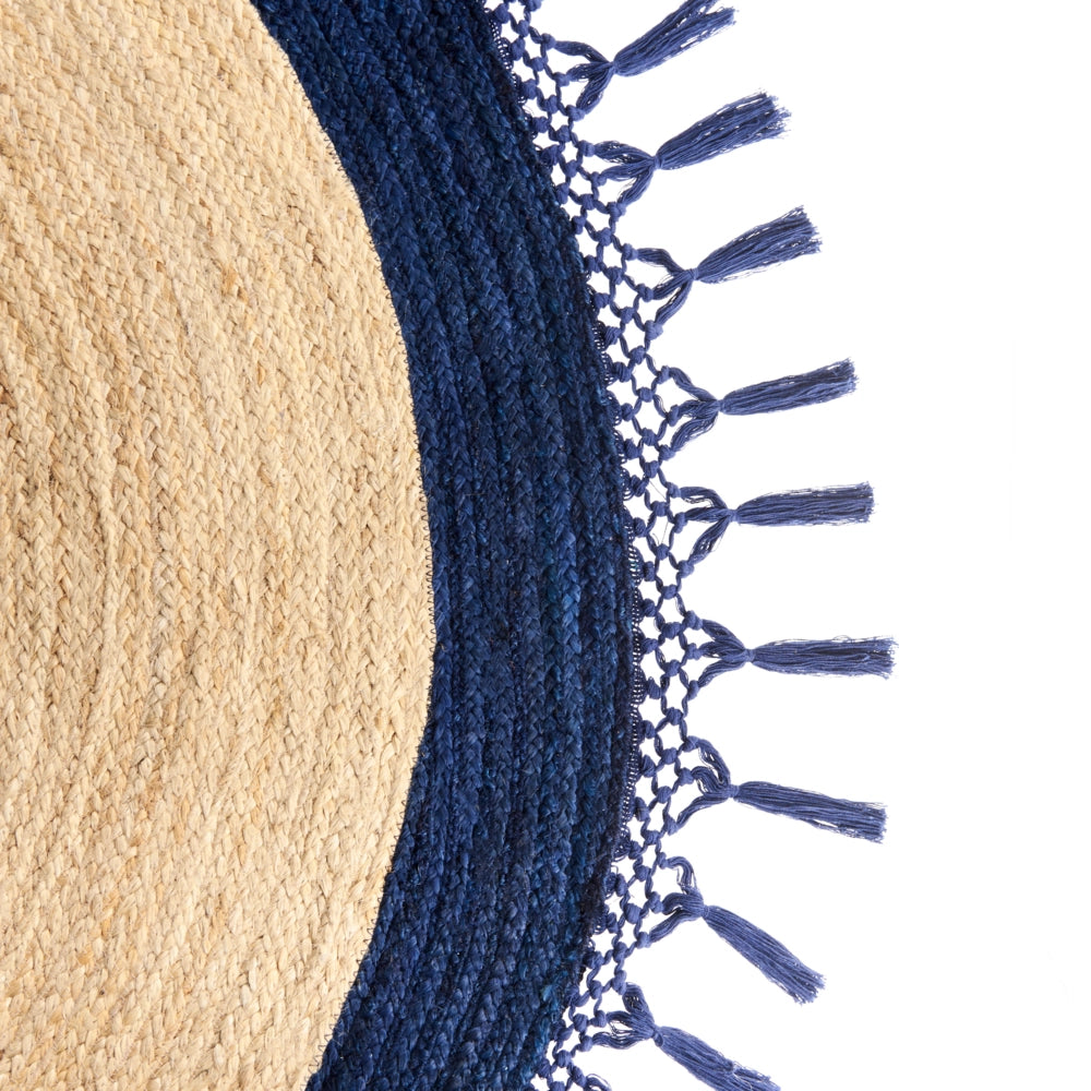 Tappeto Beige e Blu Scuro Rotondo 140 cm Boho Rustico Spirale Intrecciato Fatto a mano Juta Naturale Camera da letto Soggiorno