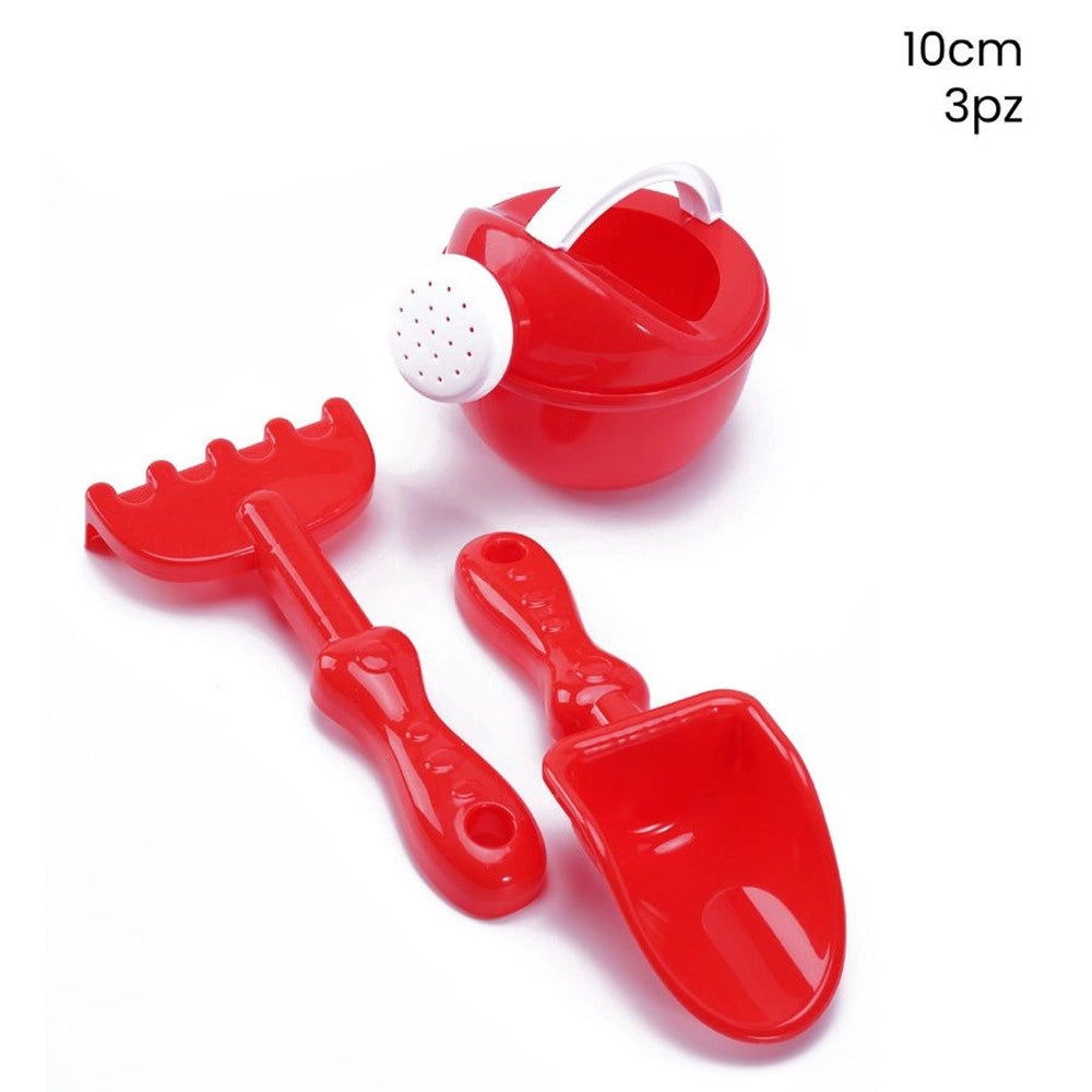 Trade Shop - Kit 3pz Paletta Rastrello Innaffiatoio Spiaggia Mare Giochi Per Bambini 10cm Rosso 258331 -