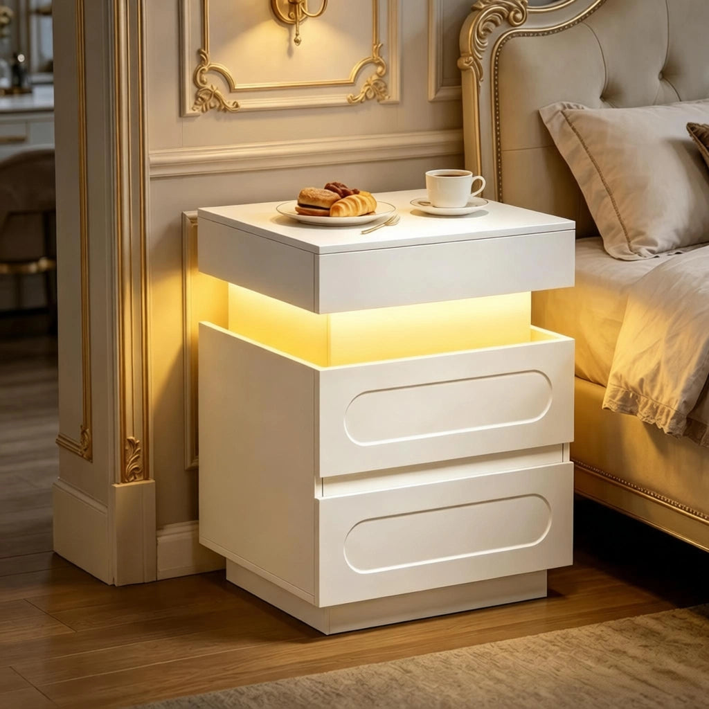Comodino con 2 cassetti, vano nascosto e LED, con stazione di ricarica, per camera da letto, bianco, 45 × 58 × 40 cm
