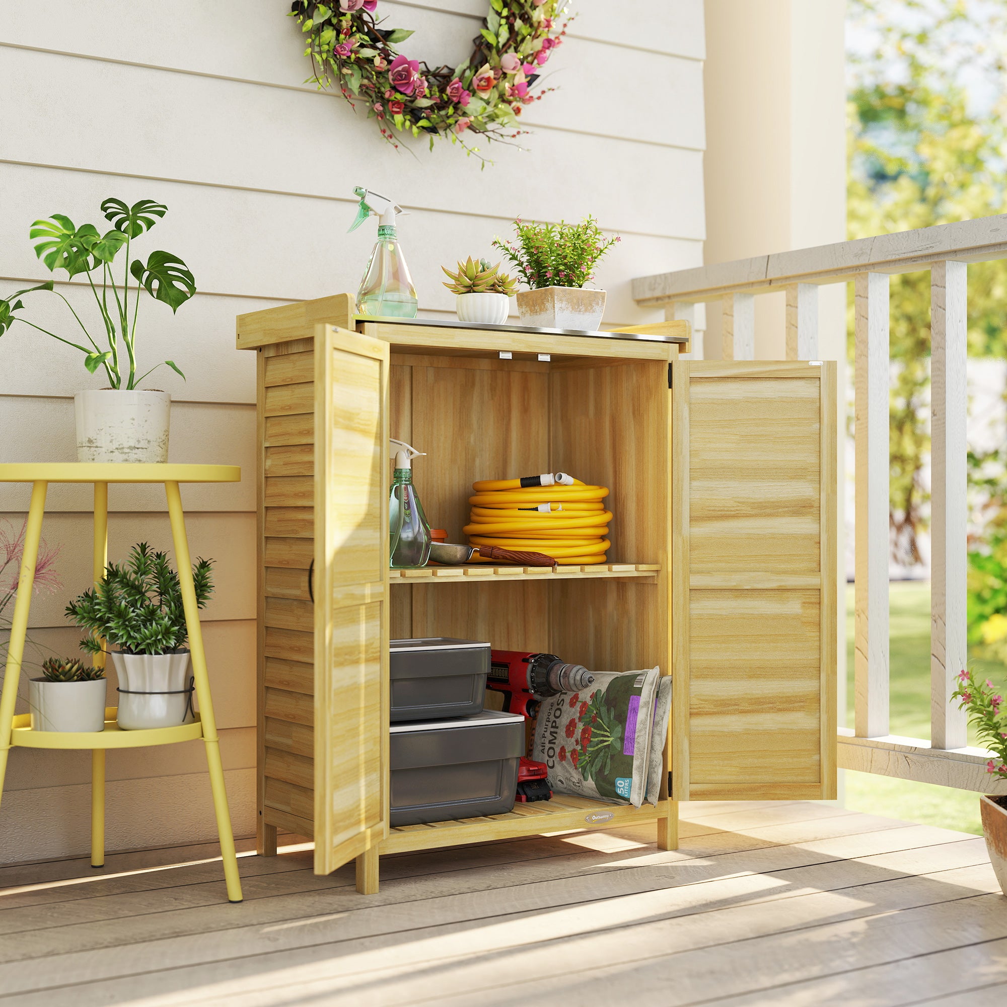 Armadio da Giardino 71.5x39x95 cm con Piano in Acciaio Ripiani e Ganci in Legno
