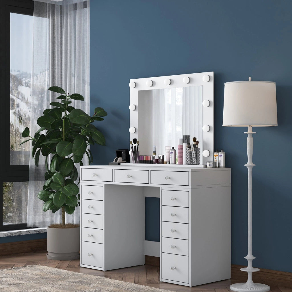 Comodino "Sirma" con specchio in legno - 120 x 44 x 82 cm - Bianco