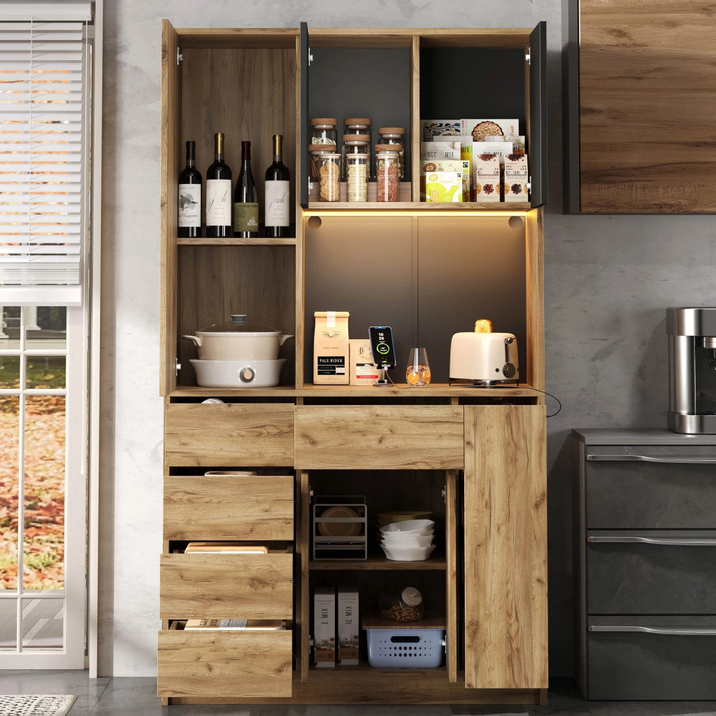 Credenza da cucina con ripiani regolabili; LED e prese - per cucina - in MDF - 185x105x40 cm - nero e naturale