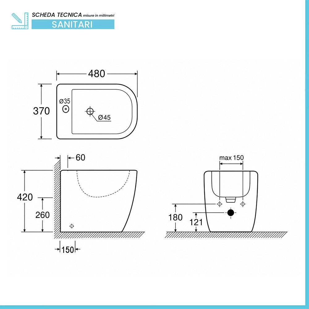 Sanitari filo muro profondità 48cm con scarico a terra tornado e sedile soft close Atami