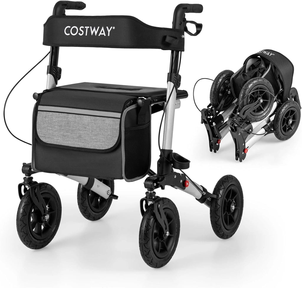 Deambulatore Pieghevole per Anziani in Alluminio, Rollator Regolabile in Altezza con Seduta, Schienale e Freni, Girello per Anziani con Borsetta, Carico Massimo 140 kg (Nero)